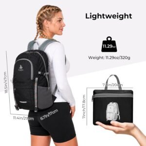 20L Small Hiking Backpack for Women Men,Lightweight Packable Travel Daypack Black